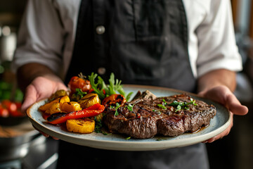 A chef is holding a plate of food with a steak and potatoes