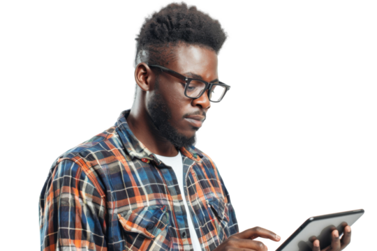 Studio portrait company business worker smart young African American man with serious face holding tablet, isolated on transparent png background.
