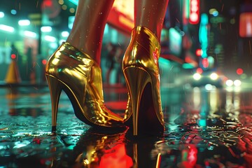Glamorous Gold High Heels on a Rainy City Street at Night. A touch of elegance amid the urban chaos. Fashion and lifestyle concept. Generative AI