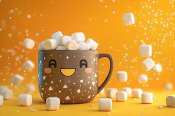 Cute Smiling Mug Overflowing with Marshmallows on Yellow. Sweet Hot Chocolate Concept. Perfect for Kids Design. Digital Artwork. Generative AI