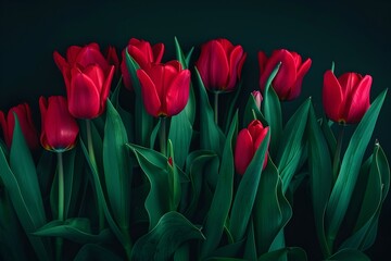 Lush Red Tulips in Soft Light, Elegant Dark Background. Perfect for Decor or Gifting. High-Quality Floral Image. Generative AI