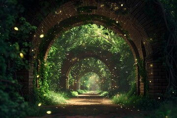 Enchanting Forest Pathway Under Lush Green Canopy, Magical Tunnel in Woods with Soft Lighting. Digital Artwork. Generative AI