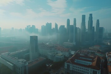 Urban Dawn Haze. City Skyline Enveloped in Mist. Tranquil Metropolis Morning. Soft Light Gazing over High-Rises. Generative AI