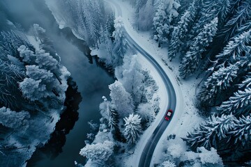 Winding Road Through Snowy Forest, Aerial View of a Winter Wonderland. Snow-Capped Trees and A Single Car Journey. Peaceful and Serene Landscape. Generative AI