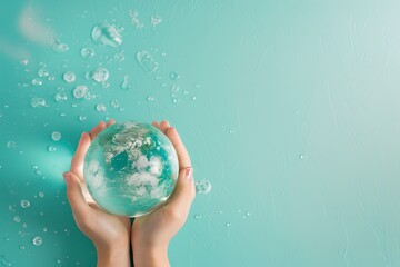 Holding a Crystal Globe with Care, Symbolizing Environmental Conservation. Clean and Bright Style, Concept Art for Earth Day. Generative AI