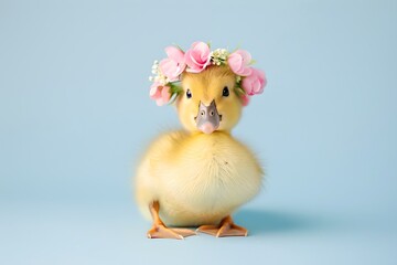 Charming Duckling Adorned with Pink Floral Wreath on Blue Backdrop. Perfect for Spring Themes. Cute and Whimsical Animal Portraiture. Generative AI