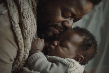 Tender moment of fatherhood captured in soft light. Gentle embrace between dad and baby. Warm, serene, family bond portrayed. Perfect for family themes. Comforting and loving scene. Generative AI
