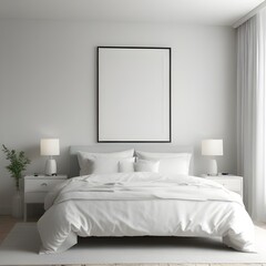 Bedroom Mockup, Wall Frame Mockup, white Paper Size, Modern Home Design Interior, 3D Render	