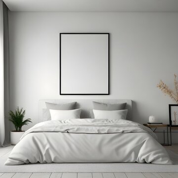 Bedroom Mockup, Wall Frame Mockup, white Paper Size, Modern Home Design Interior, 3D Render	