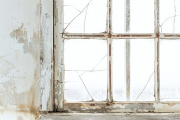 A detailed view of an old window, its weathered frame and cracked glass standing out against a pure white background