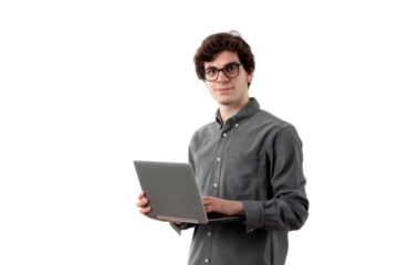 Studio portrait company worker smart young Caucasian man with chill style and serious face wearing casual outfits and holding laptop, isolated on transparent png background.