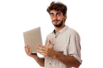 Studio portrait company worker smart young Caucasian man with chill style and serious face wearing casual outfits and holding laptop, isolated on transparent png background.