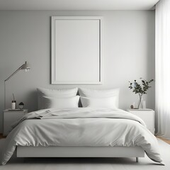 Bedroom Mockup, Wall Frame Mockup, white Paper Size, Modern Home Design Interior, 3D Render	