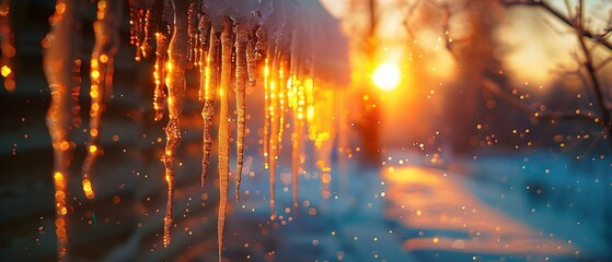 Sunset Glow through Winter Icicles. Concept Winter Sunset, Icy Landscape, Frosty Nature, Snowy Twilight, Seasonal Colors