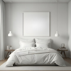Fototapeta na wymiar Bedroom Mockup, Wall Frame Mockup, white Paper Size, Modern Home Design Interior, 3D Render 