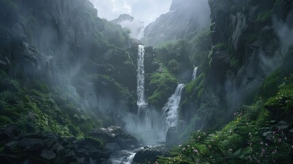 A majestic waterfall cascading down rugged cliffs, its roaring waters surrounded by vibrant greenery and mist-kissed rocks. 8k, realistic, full ultra HD, high resolution, and cinematic - Powered by Adobe