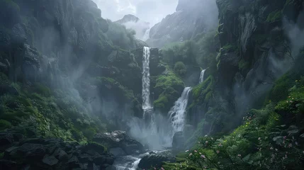 Fotobehang A majestic waterfall cascading down rugged cliffs, its roaring waters surrounded by vibrant greenery and mist-kissed rocks. 8k, realistic, full ultra HD, high resolution, and cinematic © sania