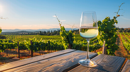 A glass of white wine is on a wooden table in a vineyard