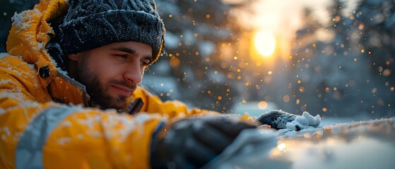 Winter Car Care: Precision in the Snow. Concept Winter Driving, Car Maintenance, Snow Removal, Road Safety - obrazy, fototapety, plakaty