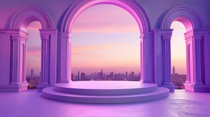 Fotobehang Neoclassical Balcony Overlooking Urban Skyline at Sunset with Empty Podium for product presentation. Generative AI © Катерина Нагірна