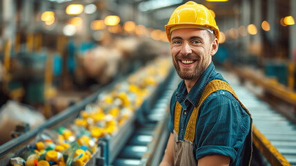 Smiling Worker in a yellow hard hat at Waste Management Plant - 788633375