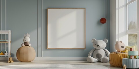 Fototapeta na wymiar trendy nursery kids room interier with a blank frame on the wall,