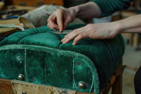 Restoring old chair with green velvet upholstery. Woman working.