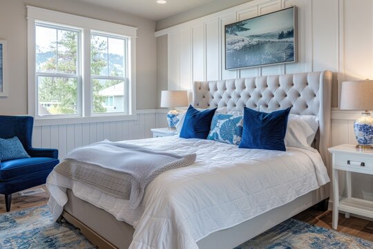 Vacation rental room with king size bed and blue decor.