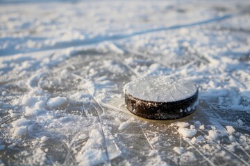 Hockey puck on a snowy ice skating rink