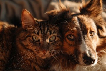 A cat and a dog are laying next to each other