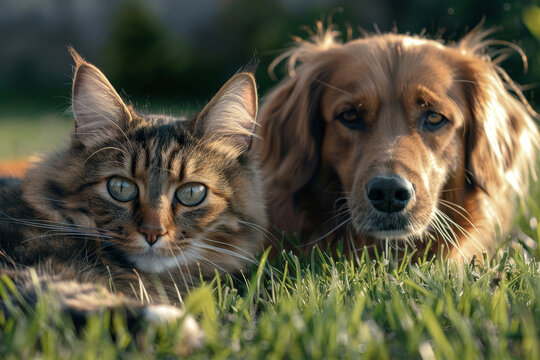 A cat and a dog are laying in the grass together