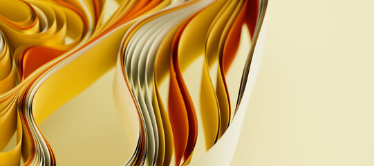 Beige and yellow layers of cloth or paper warping. Abstract fabric twist with shallow DOF. 3d render illustration - 788634127