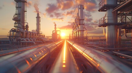 Industrial Sunset: Gleaming pipelines at a refinery with towering distillation columns. Modern energy production meets golden hour beauty. Perfect for technology and industry themes. AI - obrazy, fototapety, plakaty