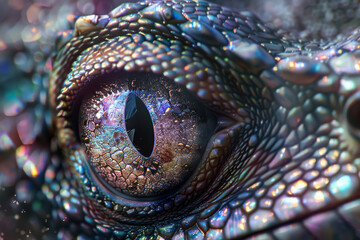 A close up of a dragon's eye with a glittery iris