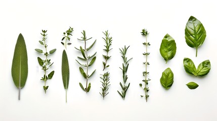 Variety of fresh herbs laid out on white background, herbal freshness concept. Modern minimalistic botany layout. Culinary plants collection. AI