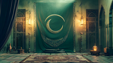 islamic banner background with crescent, lantern and gate in green and gold color. vector...