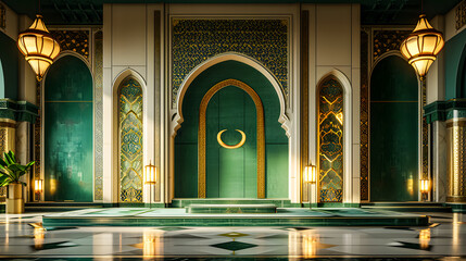 islamic banner background with crescent, lantern and gate in green and gold color. vector...