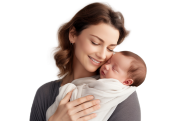 Portrait of mom holding baby with her arms isolated on transparent png background, love moment, newborn sleeping tenderly in arms, cute little infant.