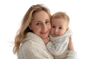 Portrait of mom holding baby with her arms isolated on transparent png background, love moment, newborn sleeping tenderly in arms, cute little infant.