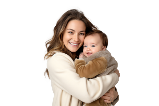 Portrait of mom holding baby with her arms isolated on transparent png background, love moment, newborn sleeping tenderly in arms, cute little infant. - Powered by Adobe
