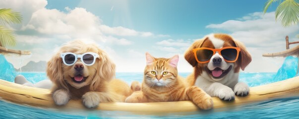 Two dogs with sunglasses and a cat in a car trunk enjoying a sunny beach vacation, blue sky