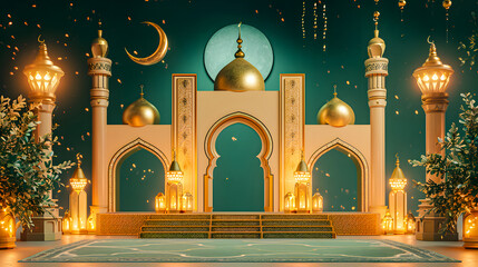 islamic banner background with crescent, lantern and gate in green and gold color. vector...