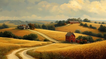 Traverse the sun-kissed fields of a rural countryside, where golden waves of grain sway in the gentle breeze. 