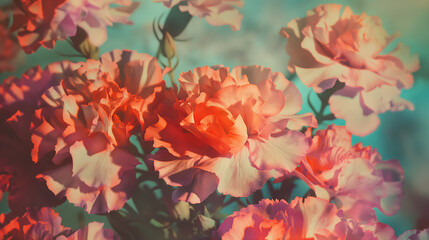 Orange-tinted carnations basking in gentle sunlight, casting a warm, ethereal glow across the delicate petals.