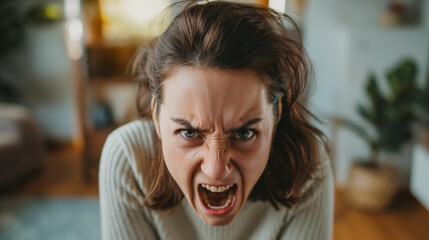 Woman's face expressing intense anger, with her eyebrows furrowed and mouth open in a shout.