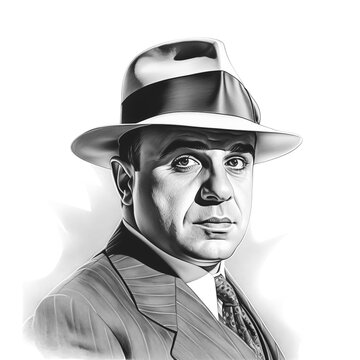Black and white vintage engraving, close-up headshot portrait of Alphonse "Al" Gabriel Capone, nicknamed "Scarface", the famous historical American gangster, white background, greyscale