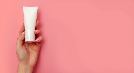 Hand holding a white tube on a pink background symbolizes skincare. Perfect for beauty product ads and blog posts. Minimalist and clean design style. AI