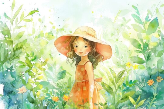 A little girl in a summer sundress and a wide-brimmed hat in a meadow surrounded by green grass. A summer picture filled with warmth and sun.