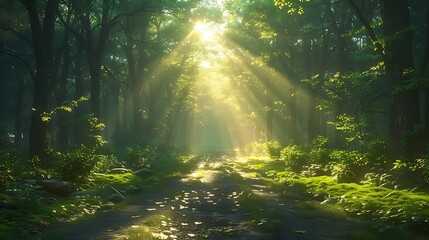 Traverse the winding roads of an ancient forest, as sunlight filters through the canopy, casting...