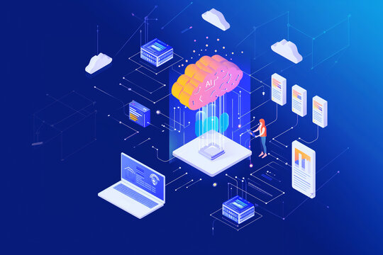 IA Illustration. High performance data processing brain scheme artificial intelligence microchip. Generative AI